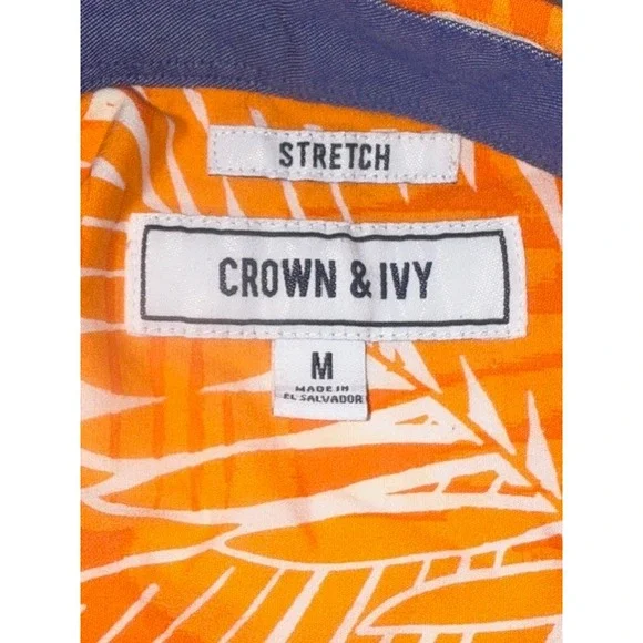 Crown & Ivy Mens Medium Orange Leaf Print Stretch Short Sleeve Button Down Shirt - Picture 3 of 5